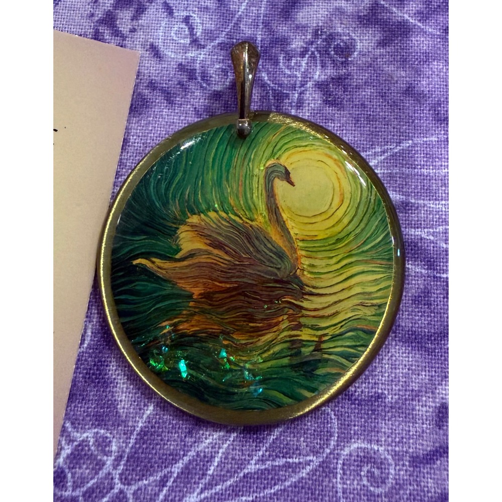 Energy Artist Julia Watkins White Swan Pendant Green Yellow Spirit Art NEW